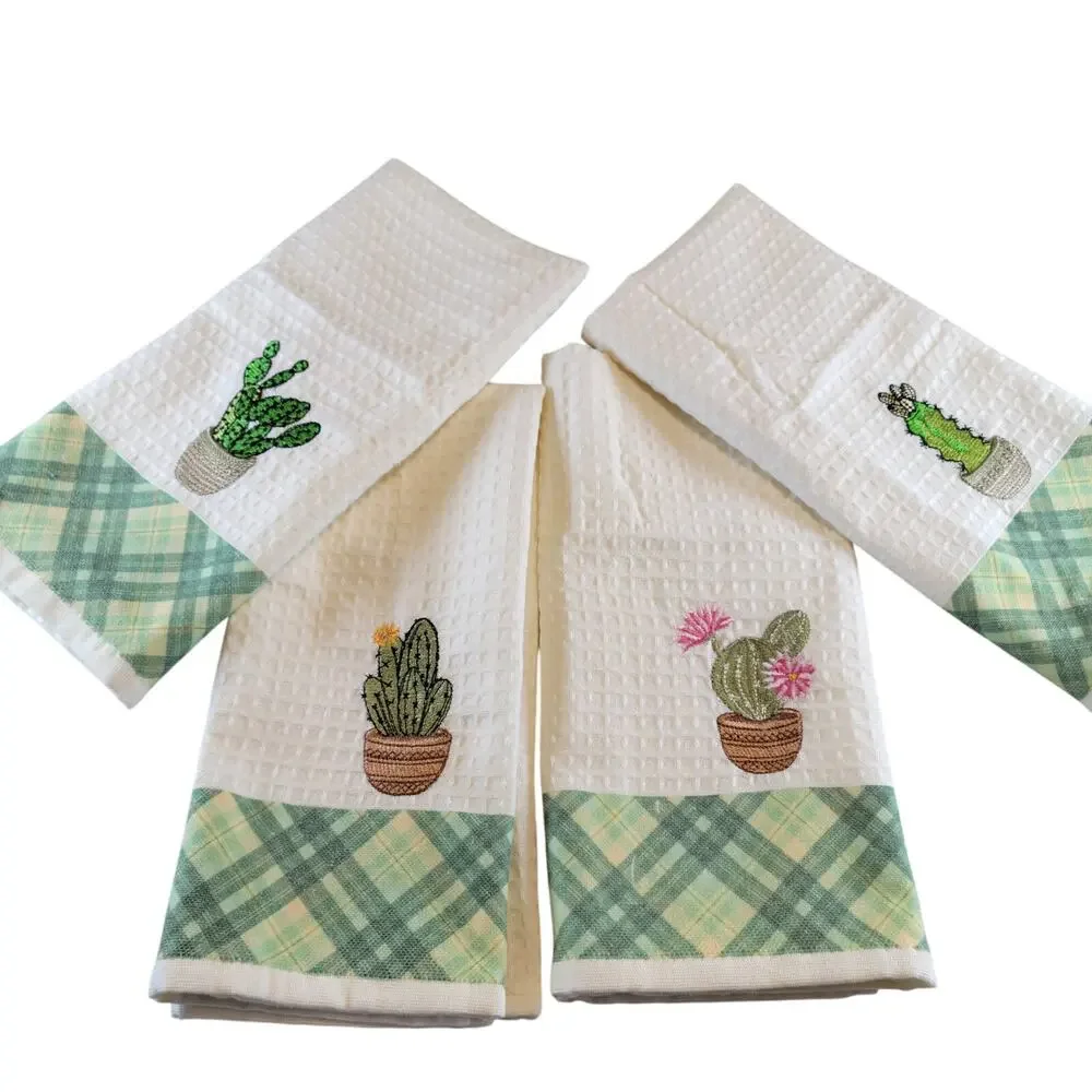 4 Cactus Kitchen Towels Lavien Embroidered Waffle Cotton Blend 16x24 Green Plaid